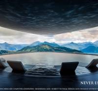 Apartment construction: View of the pool and mountain panorama with sun loungers.