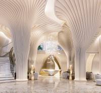 Luxurious interior with a spiral staircase and artistic lighting in apartment construction.