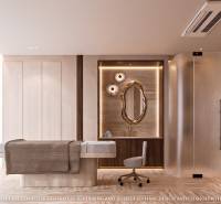 Interior with massage table, mirror, and towels; Apartment construction.