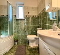 A bathroom in a family house with green tiles, a shower corner, and a sink.