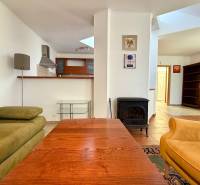 Living room with a fireplace, green sofa, and kitchenette in a family house.