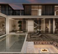 Interior of a family house with a pool, terrace, and a relaxing seating area by the fire.