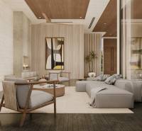 A stylish living space in a family house with comfortable furniture and wooden elements.