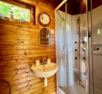A bathroom in a family house with wooden paneling, a shower corner, and a window.