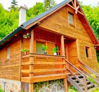 A wooden family house in Štefultov with a stone foundation, surrounded by greenery.