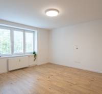 A spacious room with a large window and wooden floor in a studio apartment.