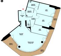 Floor plan of a 4-room apartment with three balconies, two bathrooms, and a kitchen.