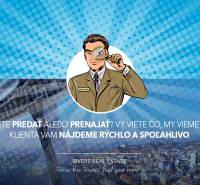 Agent with a magnifying glass on a blue background, Pribinova Street, offer of a 2-room apartment.