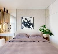Bedroom in a 3-room apartment with a double bed, curtains, and a houseplant.