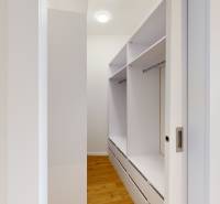 A bright wardrobe with a wooden floor in a 3-room apartment.