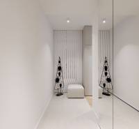 A minimalist hallway with a wooden slat wall in a 3-room apartment, light walls, and a mirror.