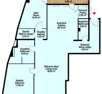 Floor plan of a 3-room apartment with room sizes and a balcony, also includes two bathrooms.