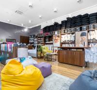 Commercial spaces with textiles and bean bags, displayed products and bean bags.