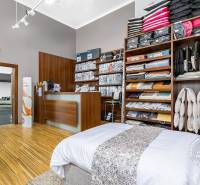 Store with bedding products, commercial space with shelves and a counter, cozy interior.