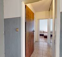Entrance hallway of a one-room apartment with tiles and an open view of the living room.