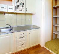 A kitchen in a studio apartment with white cabinets, a sink, and a built-in pantry.