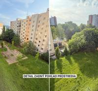 View from a one-room apartment on Kyjevska Street in Trenčín with surrounding apartment buildings and greenery.