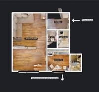 Layout of a one-bedroom apartment with a living room, hallway, kitchen, pantry, bathroom, and toilet.