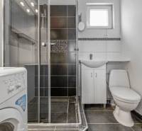 Bathroom in a family house with a washing machine, shower, and toilet.