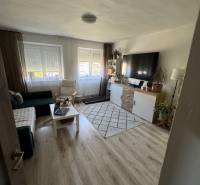 Living room in a 3-room apartment with a sofa, television, table, and wooden floor.