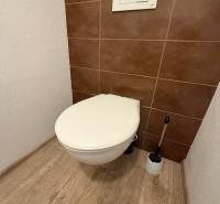 A bathroom in a 4-room apartment with a wall-mounted toilet and brown tiles.