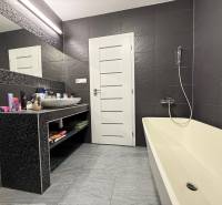 A bathroom in a 4-room apartment with dark tiles, a sink, and a bathtub.