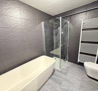 A bathroom in a 4-room apartment with a bathtub, shower, and wall heating.