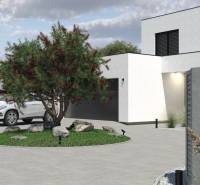 A family house in Opoj with a car, a landscaped garden, and a stylish fence.