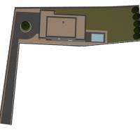 Floor plan of a family house in Opoj with a driveway, swimming pool, and garden.