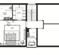 Floor plan of a family house with a bedroom, bathrooms, and a walk-in closet.