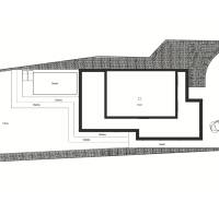 Floor plan of a family house in Opoj with a swimming pool, car, and green zone.