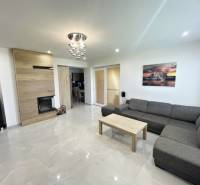 Living room in a family house with a gray sofa, fireplace, and pendant light.