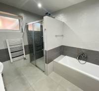 Bathroom with a bathtub and a shower in a family house.