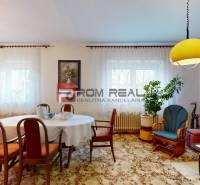 Living room in a family house with a table, chairs, decorations, and a yellow lamp on the ceiling.