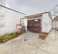 The yard at the family house on Farebna Street in Bratislava II with a garage and trees.