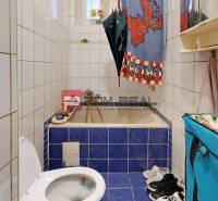 A bathroom in a 2-room apartment with a bathtub tiled with blue tiles.