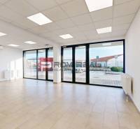 Empty commercial spaces with large windows and flooring.