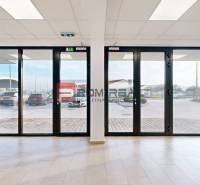 Spacious commercial spaces with large glass doors to the exterior and wooden floors.