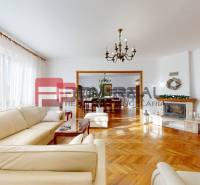 Living room in a family house with a fireplace, sofa, and dining area.