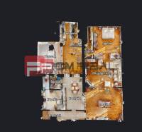 Floor plan of a family house with a bedroom, office, and terrace.
