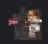 Floor plan of a family house with rooms, clearly marked in the interior.