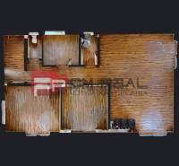 Floor plan of a family house with four rooms and wooden flooring, viewed from above.