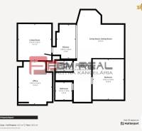 Floor plan of a family house in Píla with a kitchen, living room, dining room, study, and bathroom.