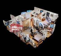 3D model of an interior with several rooms, furnishings, and functional spaces of a family house.
