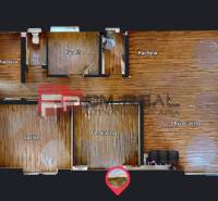 Floor plan of a family house with rooms: kitchen, living room, bathroom, children's room, bedroom.