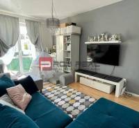 Living room in a three-room apartment with a blue sofa and a TV on the wall.