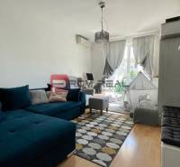 Living room of a three-room apartment with a sofa, carpets, and a window with long curtains.