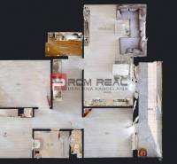 Floor plan of a 4-room apartment with a balcony, bathroom, and kitchen.
