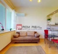 Living room with a beige sofa, dining table, and kitchen unit, studio apartment.