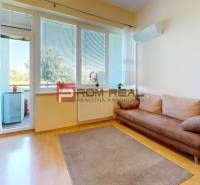 Living room in a studio apartment with a sofa, coffee table, and access to a balcony.